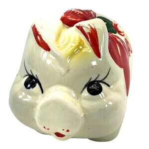 Shawnee Pottery Piggy Bank Red Bow Red Green Flowers White Vintage MCM 60s